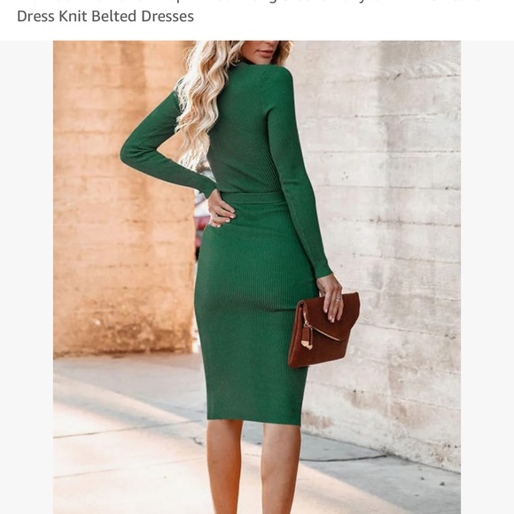 Women’s wrap neck long sleeve body con midi sweater dress knit belted dress S - Picture 5 of 8